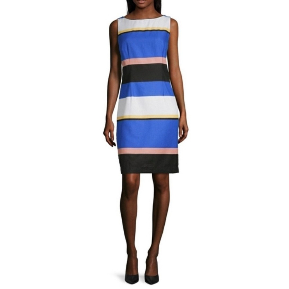 Liz Claiborne Linen Dress Sz 4 Old Money Career Natural Stripe Colorblock Sheath